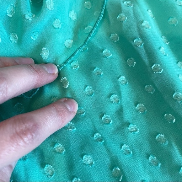 VANITY Aqua Seafoam Green Blue Swiss Dot Textured Mini Surplice Faux Wrap Dress - Picture 15 of 16
